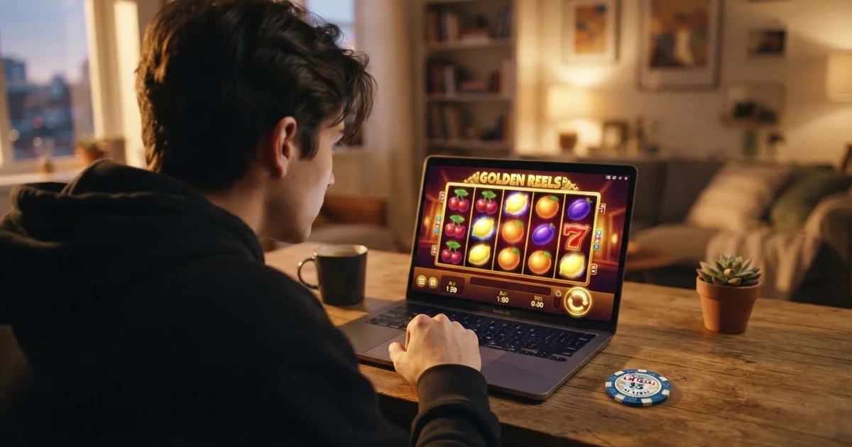 Hráč u notebooku, na obrazovce roztočený výherní automat s nápisem „Free Spins“, vedle leží český občanský průkaz