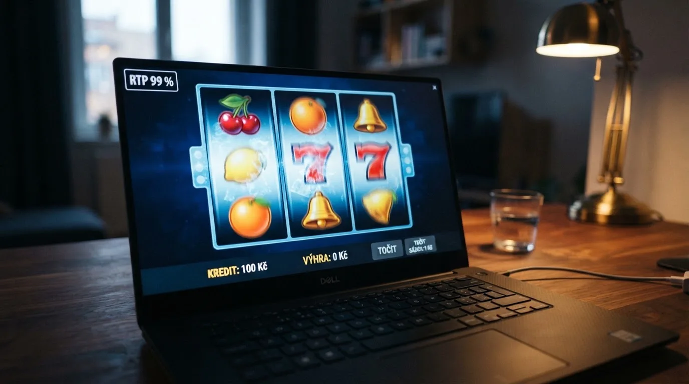 Výřez z online automatu s viditelnou hodnotou RTP 99 % na informační obrazovce hry, v popředí ukazatel kreditu 100 Kč
