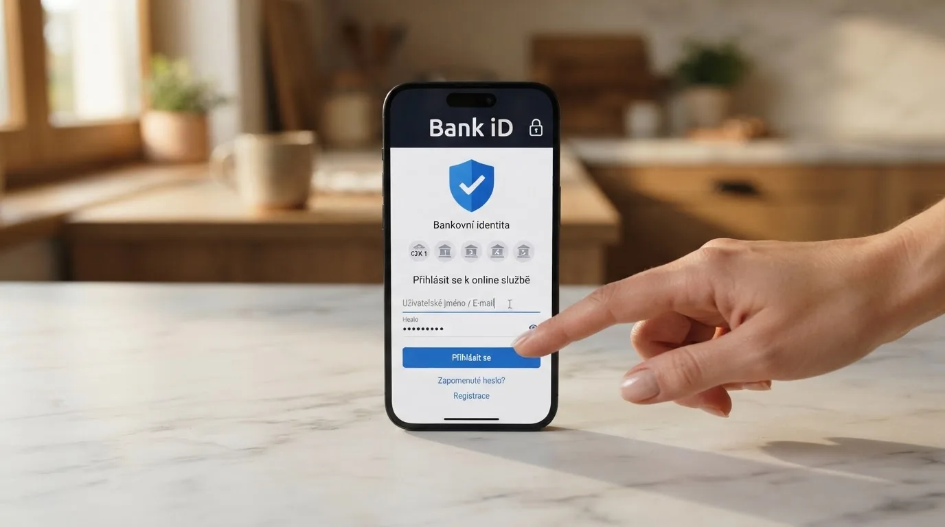 Mobil s přihlašovací obrazovkou Bank iD — známé logo a výčet zapojených bank