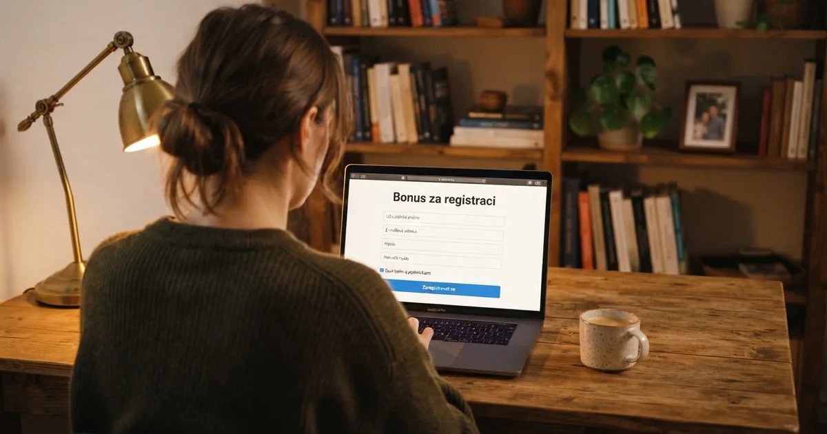 Hráč otevírá účet v online casinu na notebooku, na obrazovce formulář registrace a nápis „bonus za registraci“