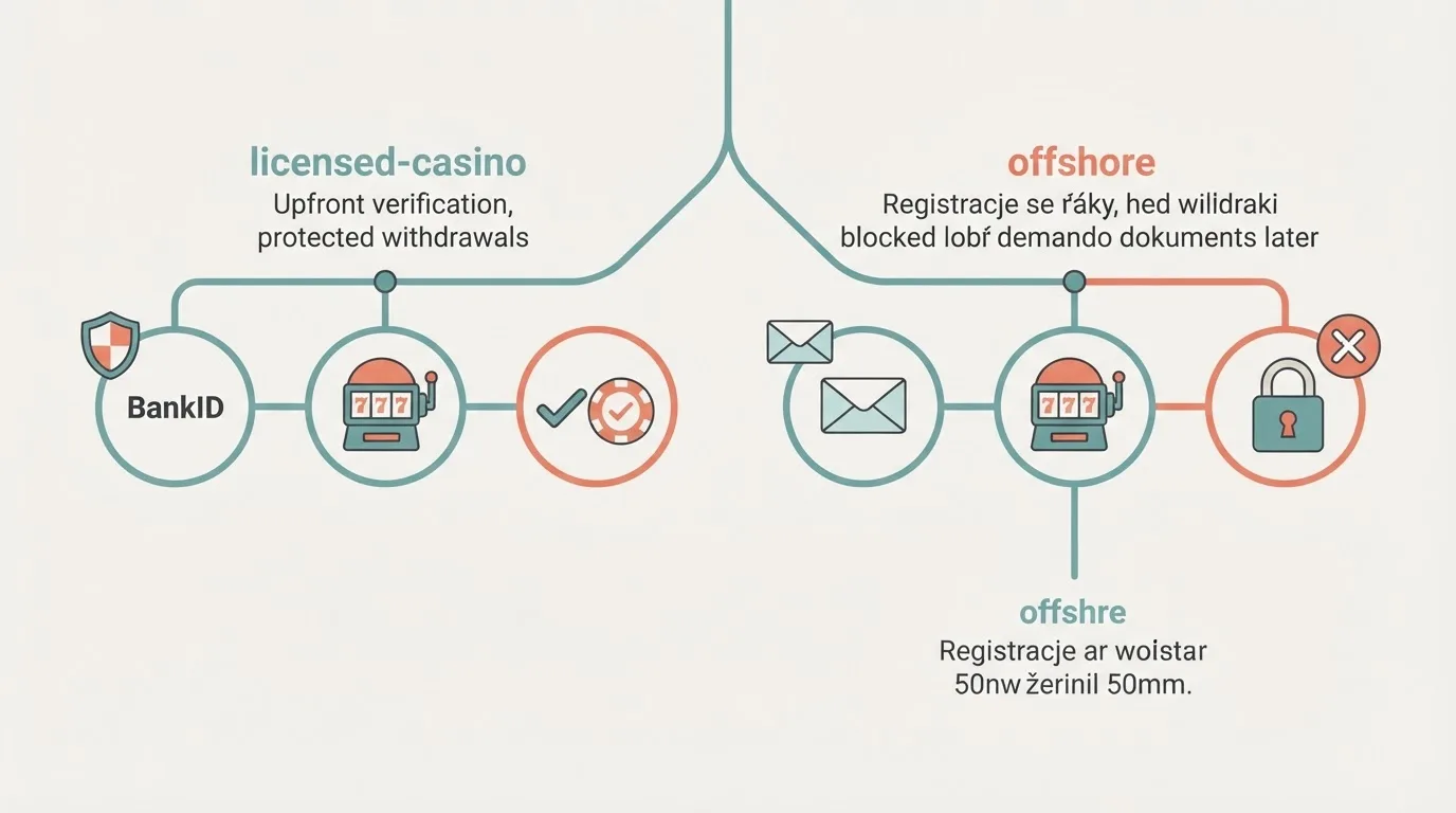 Diagram zobrazující cestu hráče: vlevo větev „licencované casino“ s kroky BankID → hra → výběr pod dohledem, vpravo větev „offshore casino“ s kroky registrace e-mailem → hra → zablokovaný výběr/požadavek na doklady.