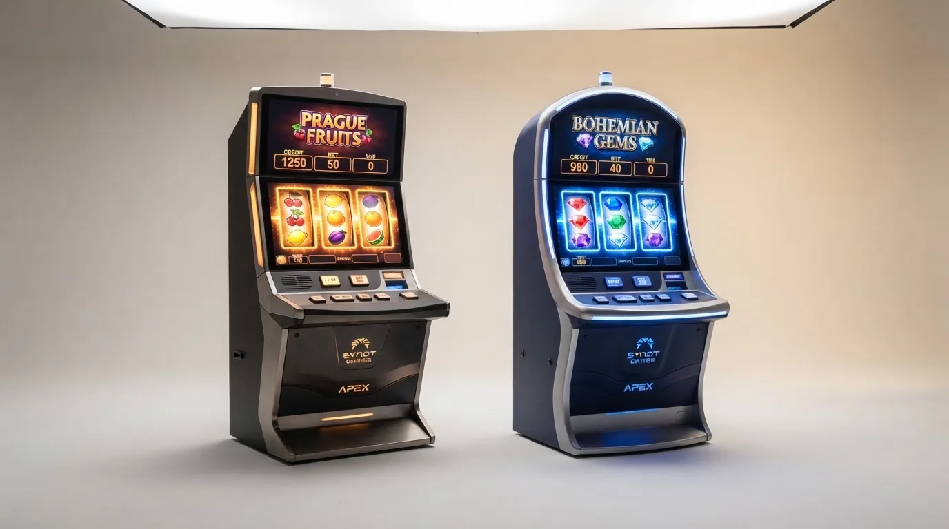 Koláž z automatů od českých výrobců SYNOT a Apollo Games — rozpoznatelné vizuální styly obou značek