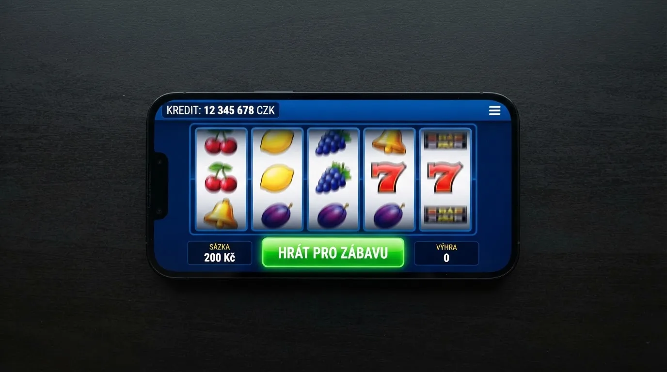 Rozhraní automatu s viditelně zvýrazněným tlačítkem „Hrát pro zábavu“ a ukazatelem virtuálních kreditů