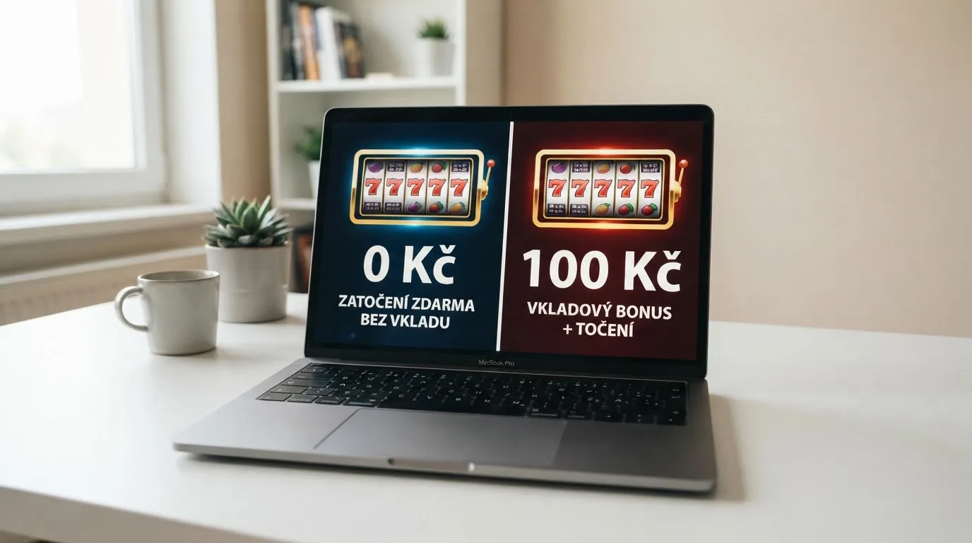 Srovnání dvou typů volných otoček na obrazovce notebooku — nabídka bez vkladu vlevo, nabídka s token depositem vpravo