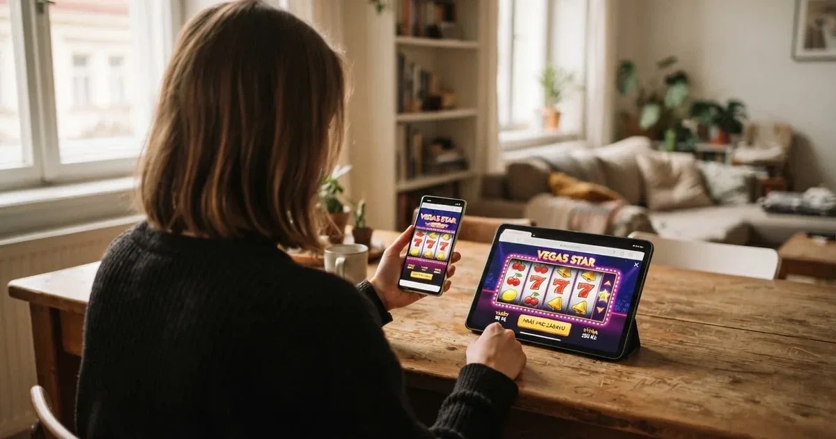 Hráč držící mobilní telefon s otevřeným demo automatem na obrazovce, vedle něj tablet s roztočenými válci v prohlížeči — obě zařízení ukazují identickou hru
