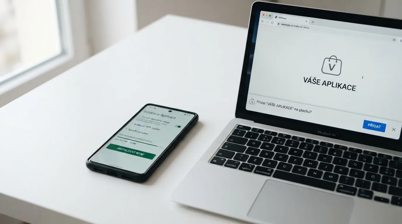 Displej telefonu zobrazující průvodce stažením APK souboru z oficiálního webu operátora, vedle ikony App Store a tlačítko PWA přidání na plochu