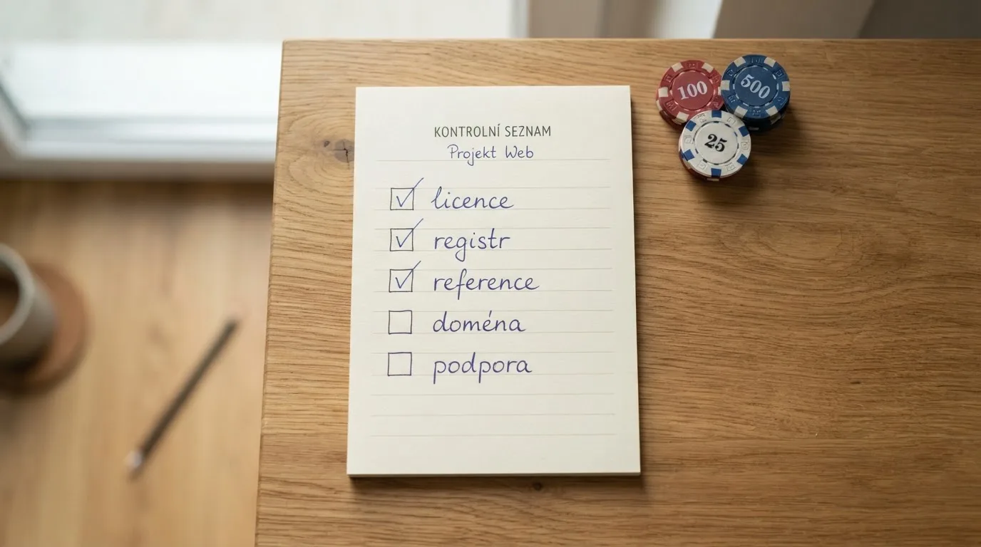 Ručně psaný checklist s body k ověření bezpečnosti casina — licence, registr, reference