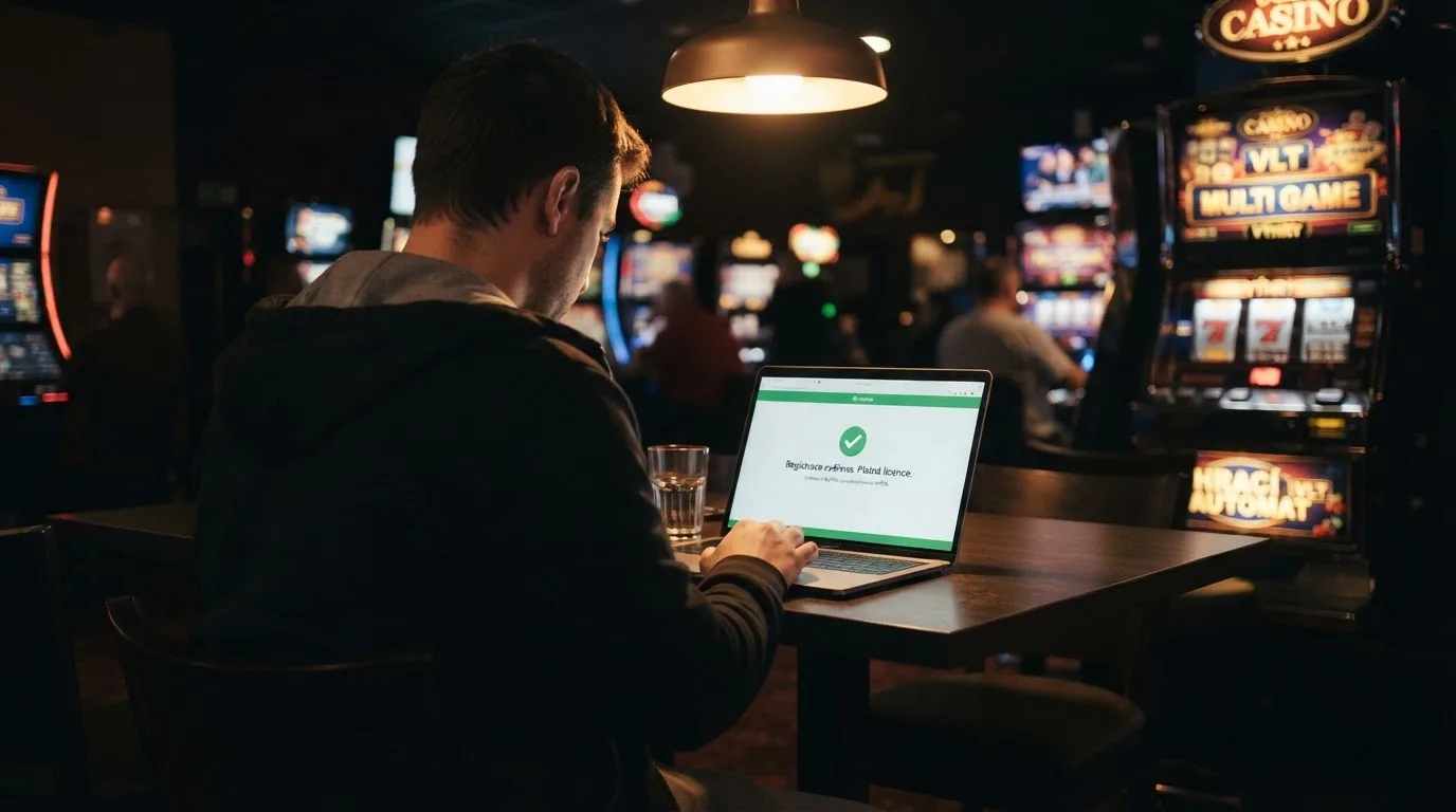Úřední pečeť nebo dokument s logem Ministerstva financí ČR vedle displeje s automatem v českém licencovaném casinu