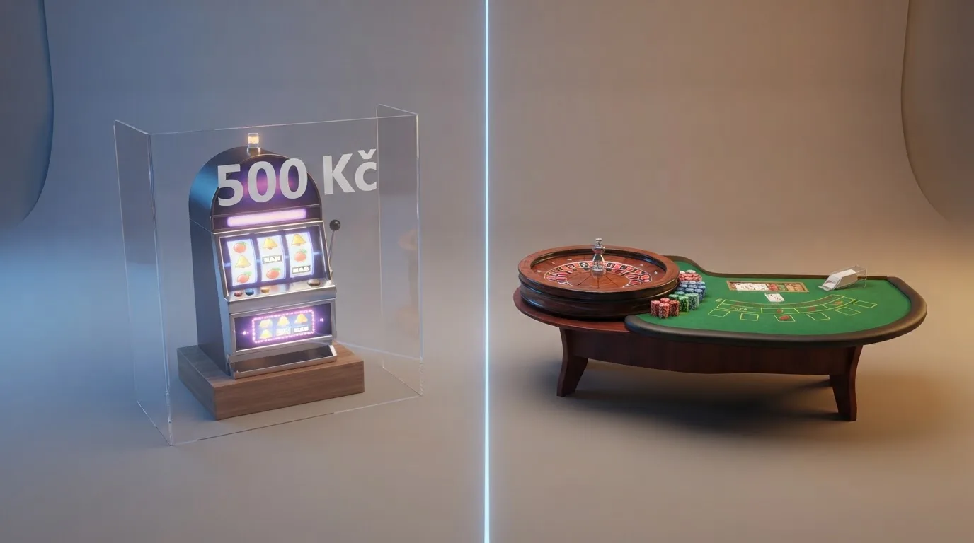 Schéma rozdělení české herní licence — technická hra (automaty) vlevo s limity, živá hra (live casino) vpravo bez stropů