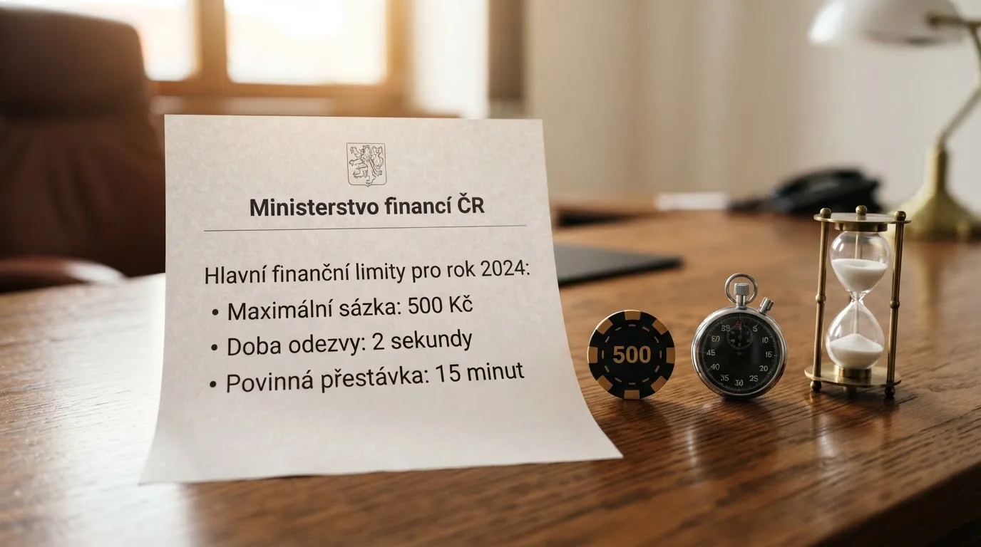 Dokument s hlavičkou Ministerstva financí ČR vedle symbolických mantinelů — částka 500 Kč, stopky a ikona přestávky