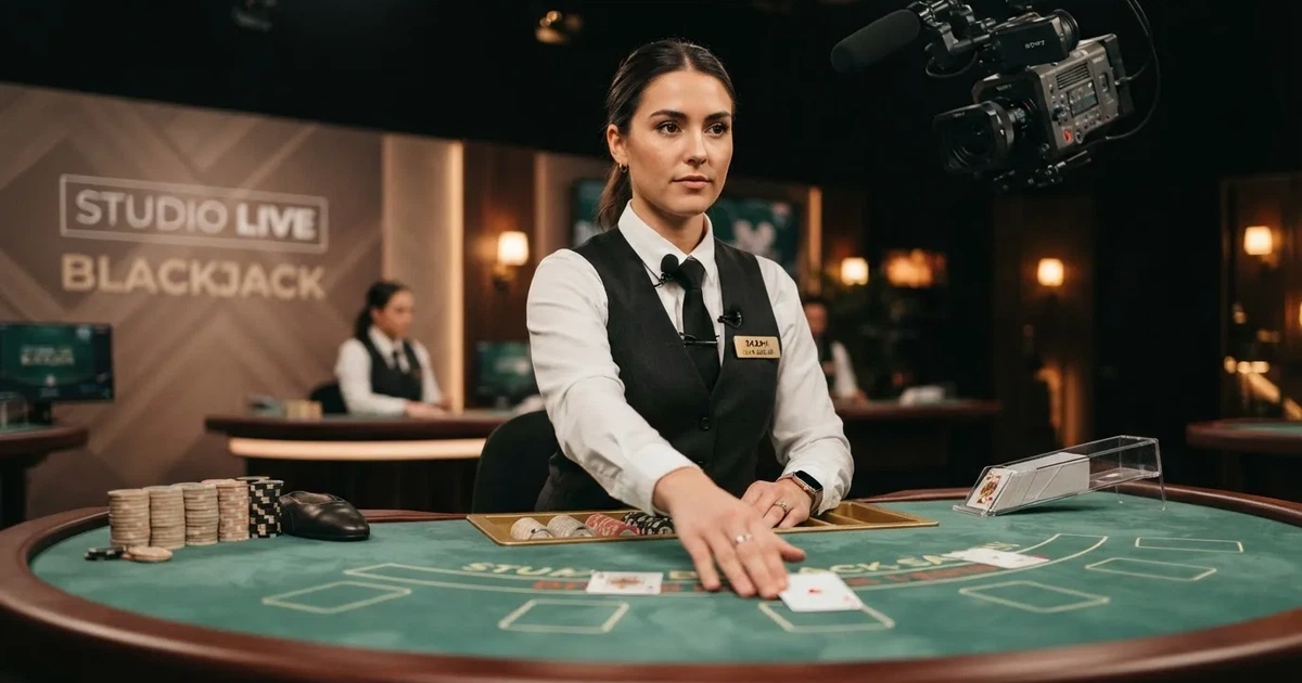 Živý krupiér rozdává karty u blackjackového stolu v kasinovém studiu.
