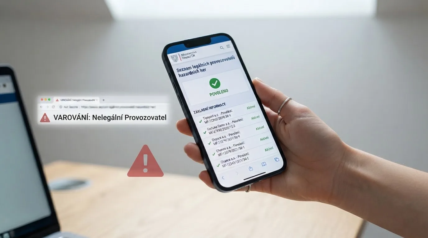 Mobilní telefon s otevřenou stránkou registru MF ČR a vedle varovný symbol nad doménou bez české licence