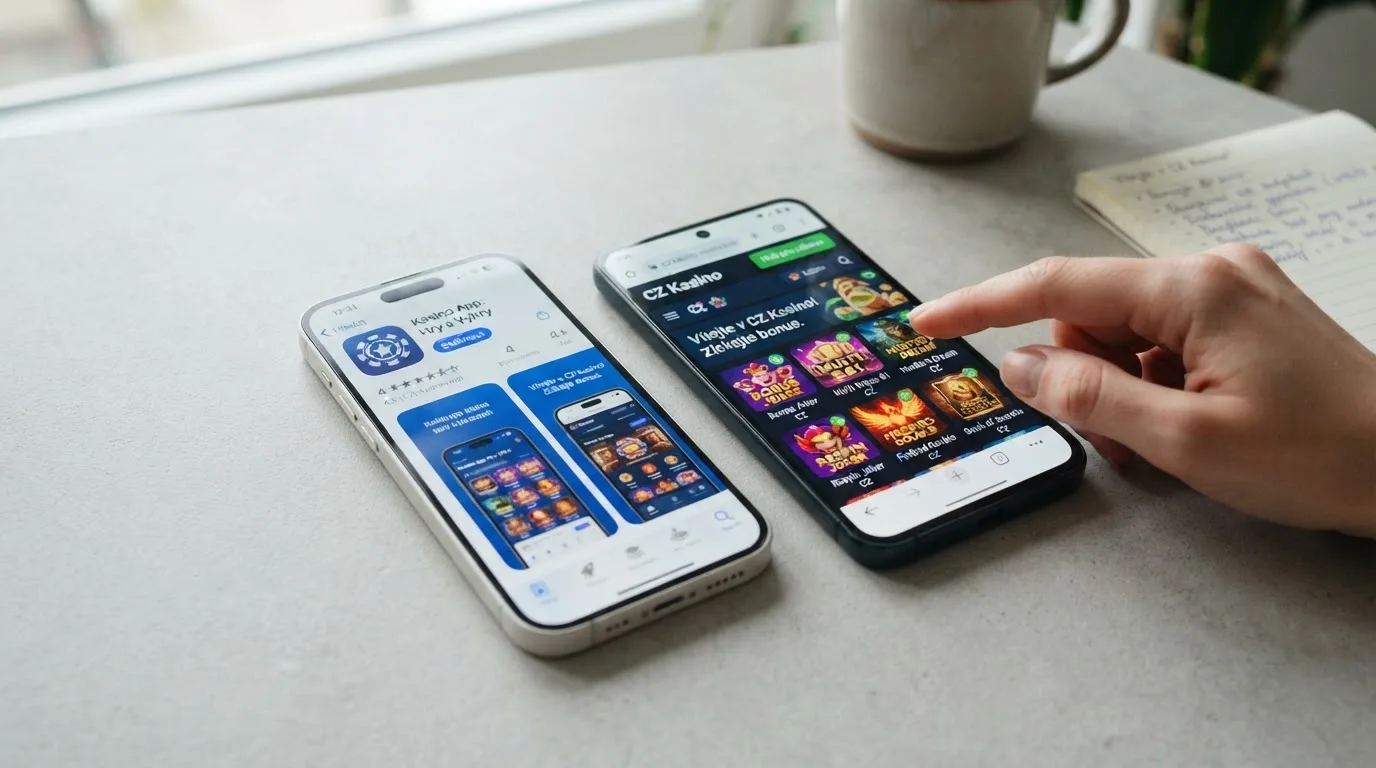 Mobilní telefon s otevřenou stránkou Google Play a vyhledanou casino aplikací licencovaného operátora, vedle telefon s responzivním webem kasina v prohlížeči