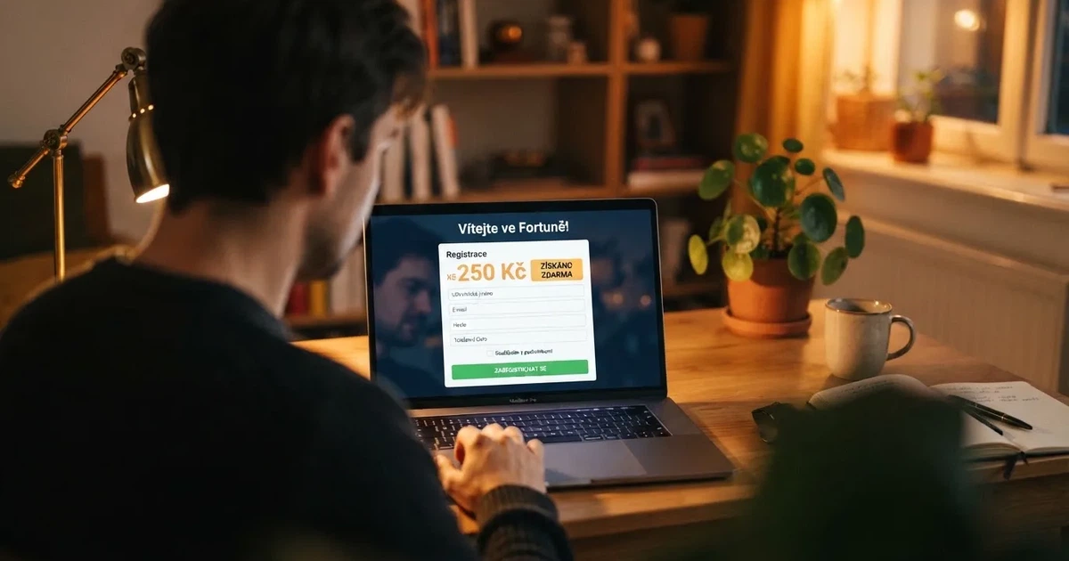 Hráč u notebooku si prohlíží registrační formulář českého online casina s nabídkou bonusu