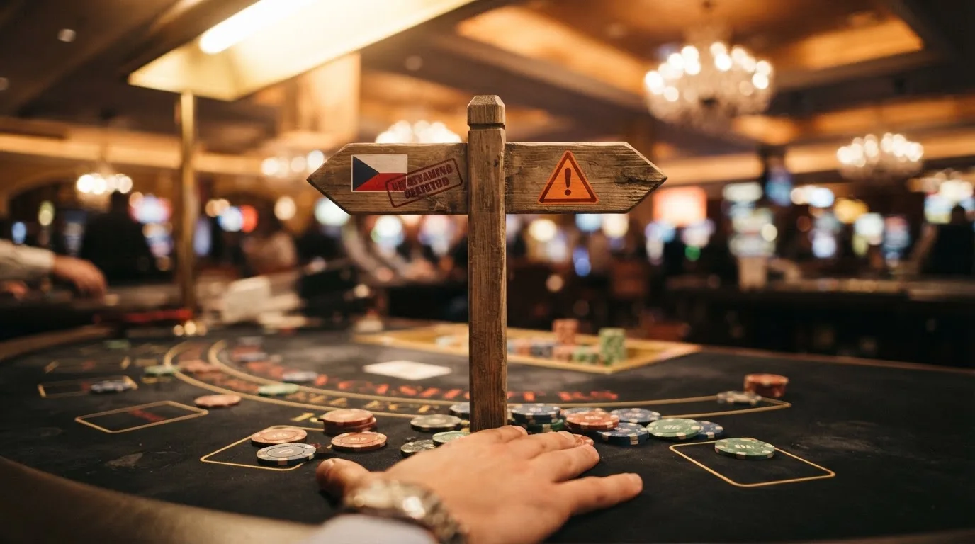 Rozcestník se dvěma směry — vlevo česká vlajka a razítko MF ČR, vpravo varovný trojúhelník a nápis bez licence, mezi nimi casino žetony