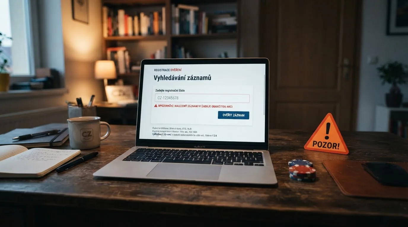 Úřední dokument offshore herní licence vedle symbolu varování — kontrast mezi oficiálně vypadající licencí a absencí české právní ochrany