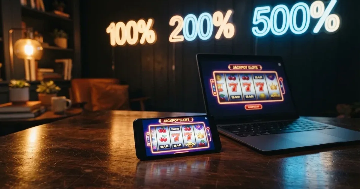 Tři hrací automaty na displeji telefonu a notebooku, nad nimi procentuální hodnoty 100 %, 200 % a 500 % v neonovém stylu