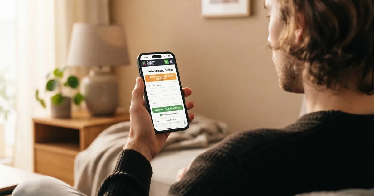 Hráč si na mobilu prohlíží registrační formulář českého online casina s nabídkou bonusu bez vkladu