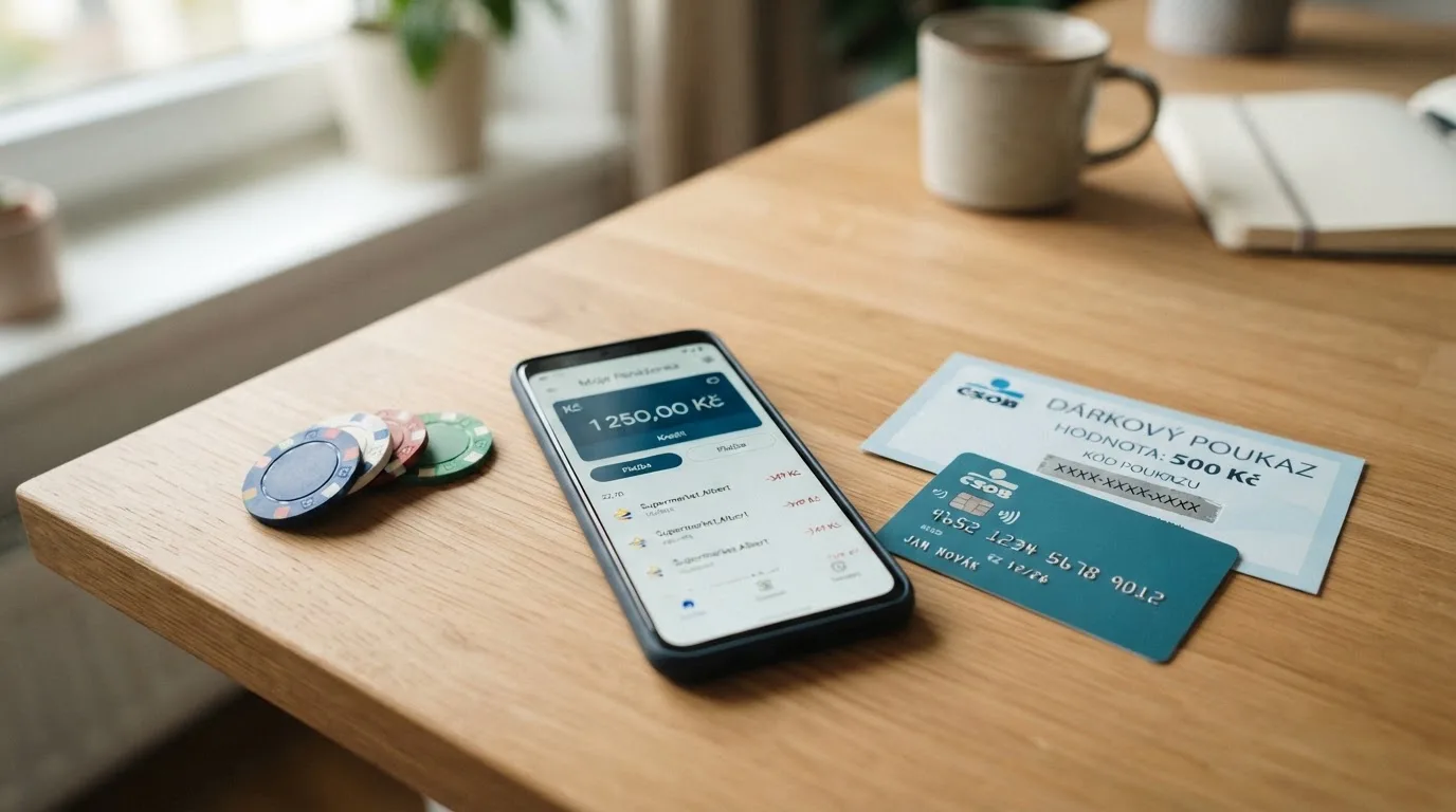 Platební karta, telefon s AirCash aplikací a Paysafecard poukázka na stole — české koruny jako měna