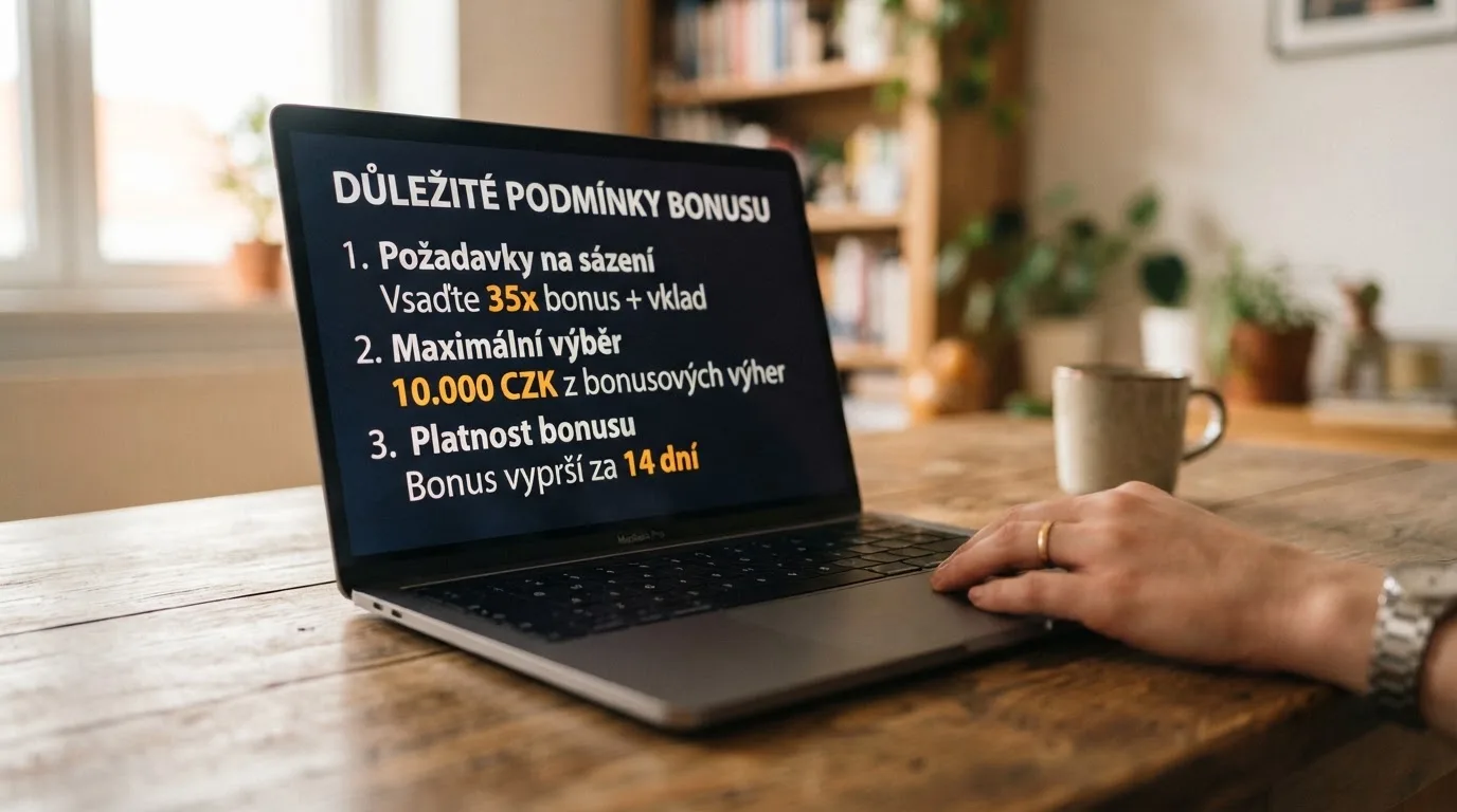 Detailní záběr na podmínky bonusu — wagering, maximální výhra, platnost — na obrazovce notebooku