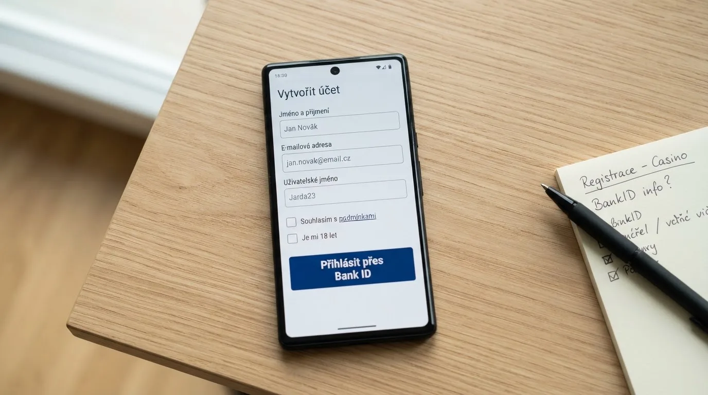Obrazovka chytrého telefonu s registračním formulářem online casina a výrazným tlačítkem „Přihlásit přes Bank ID“