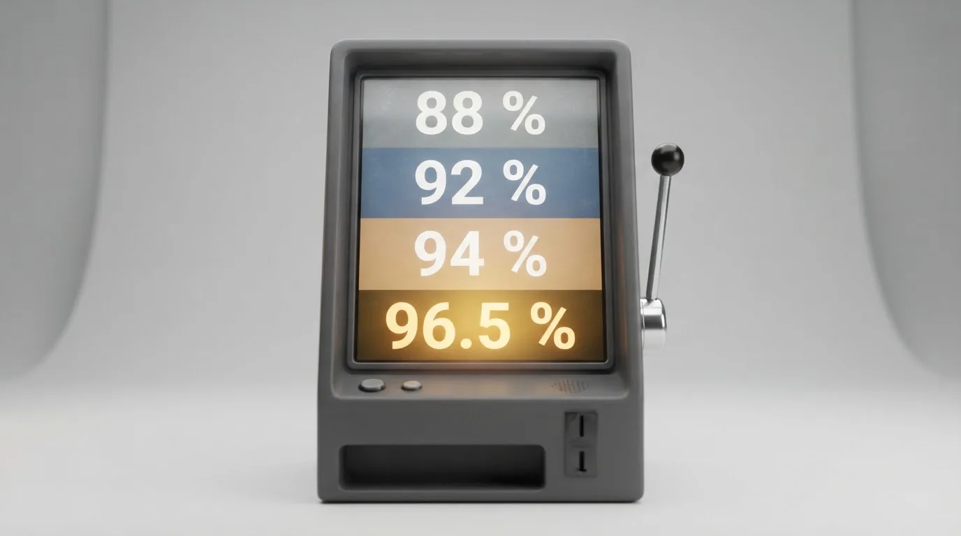 Vizuální srovnání čtyř verzí RTP u stejného automatu od Pragmatic Play — stupnice od 88 % po 96,5 %