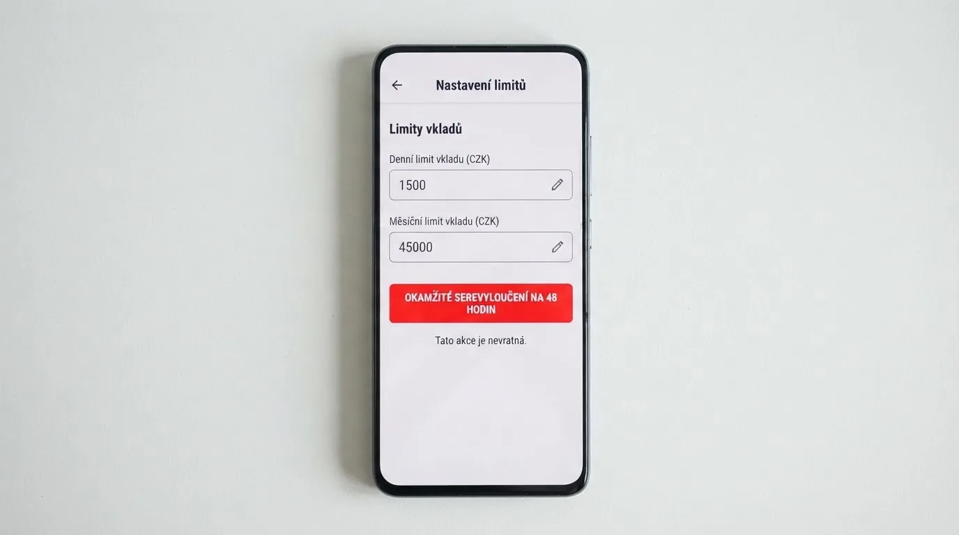 Obrazovka s rozhraním nastavení herních limitů v českém online casinu — denní limit, měsíční limit a tlačítko panic button