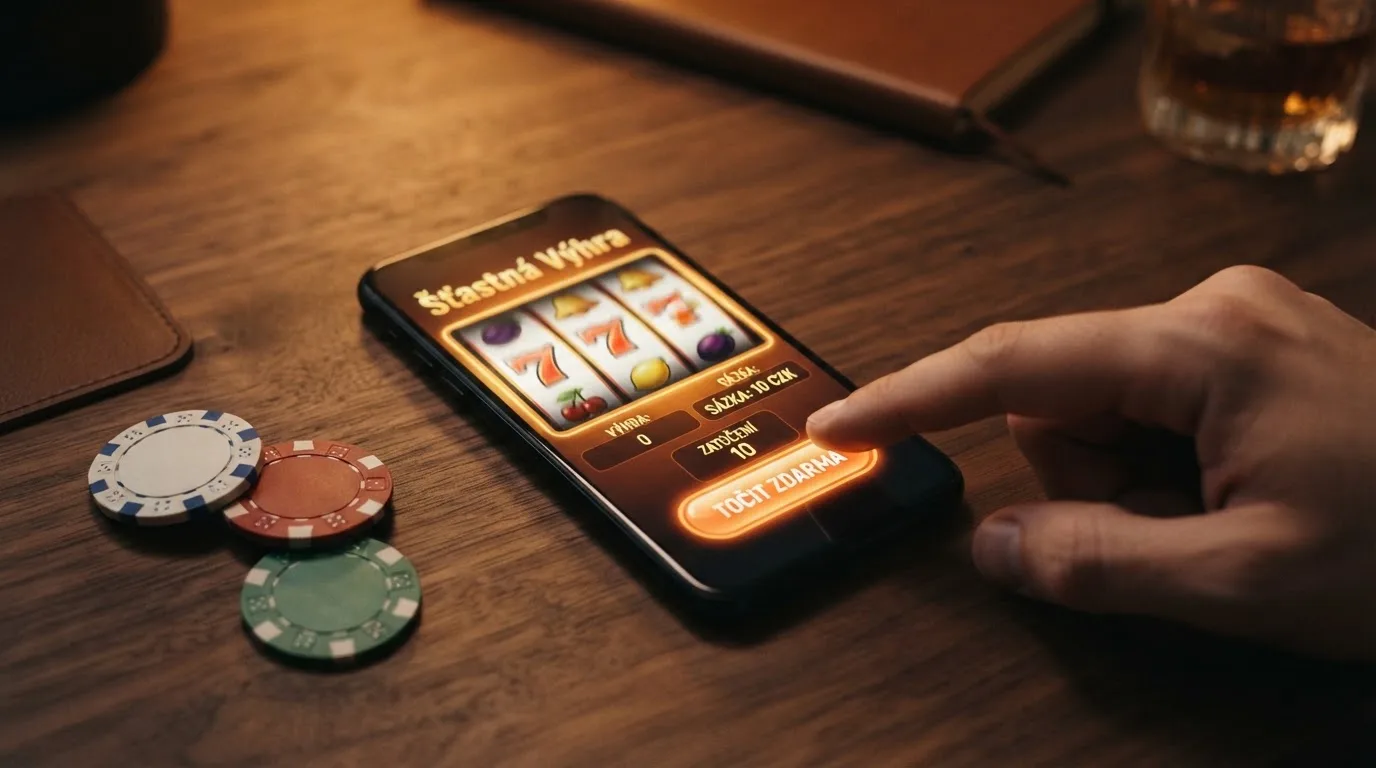 Displej mobilního telefonu s roztočeným slotem a tlačítkem free spins