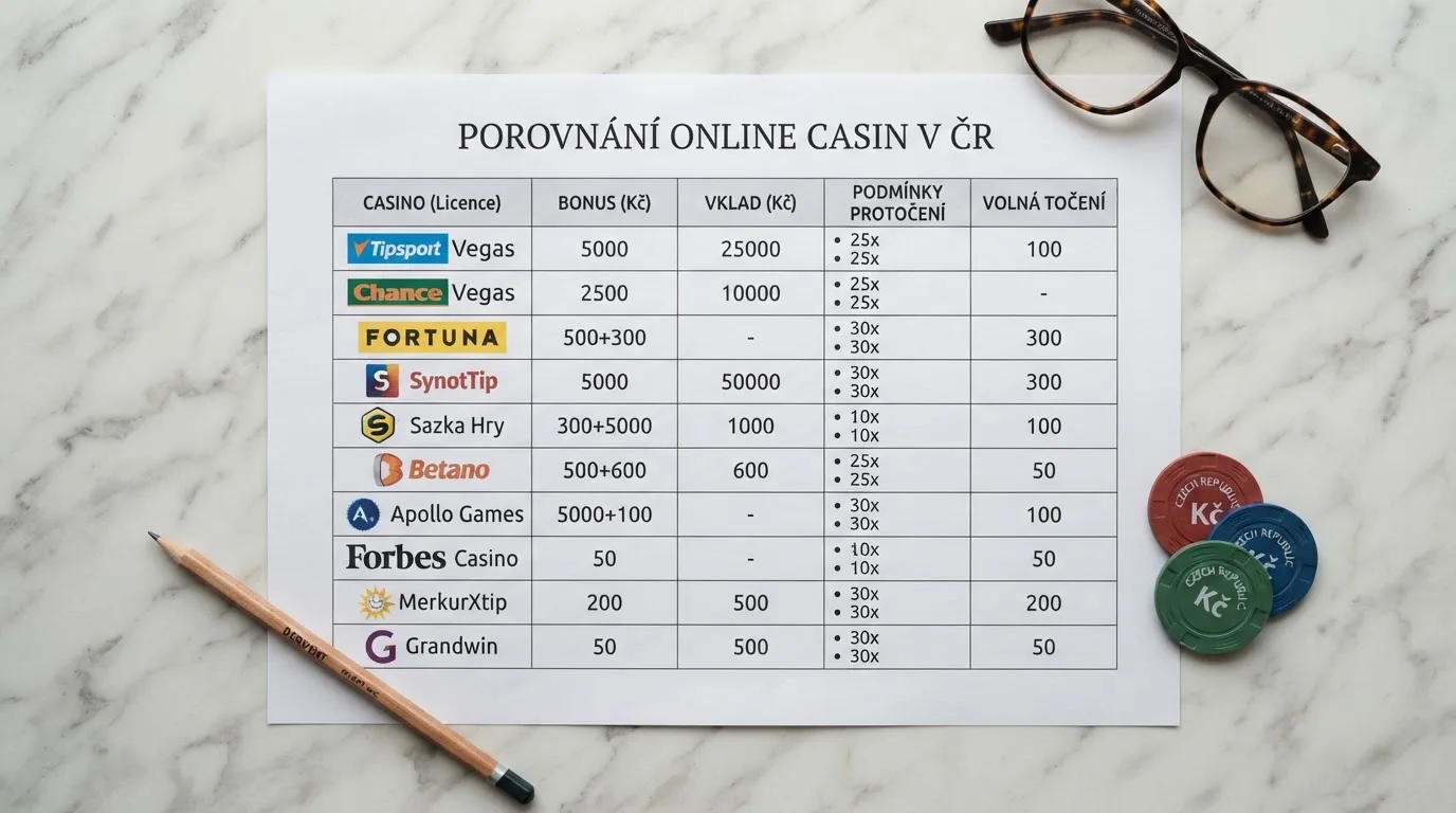 Srovnávací přehled uvítacích bonusů českých online casin — sloupce s výší bonusu, násobkem protočení a počtem volných spinů