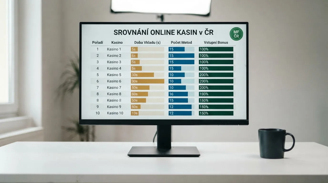 Srovnávací tabulka operátorů na monitoru — deset řádků s logy CZ kasin a rychlostí jejich vkladových metod