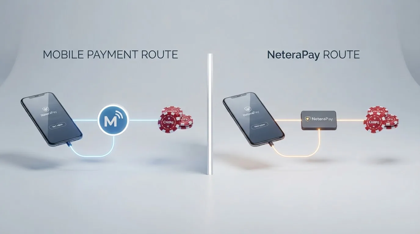 Schéma dvou cest SMS vkladu: vlevo přímá M-platba (telefon → operátor → casino), vpravo NeteraPay (telefon → NeteraPay → casino)