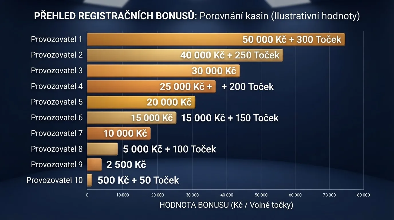 Srovnávací přehled registračních bonusů — ikony operátorů, částky, počty zatočení