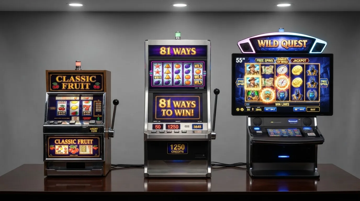 Tři automaty vedle sebe — klasický ovocný 3válcový, 4válcový 81liniový a moderní 5válcový video slot