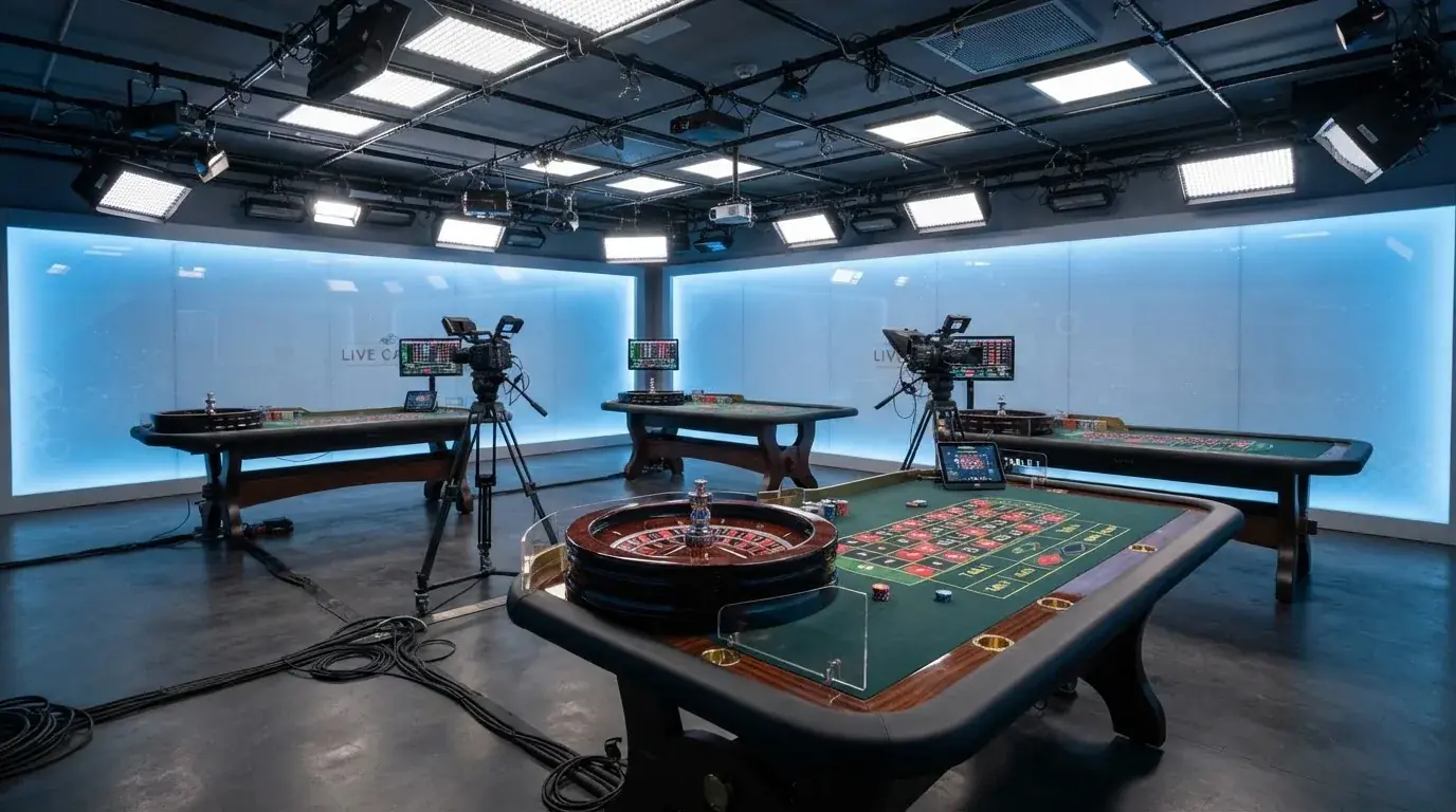 Interiér živého studia Evolution Gaming v pražském Kajot Intacto s ruletovými stoly