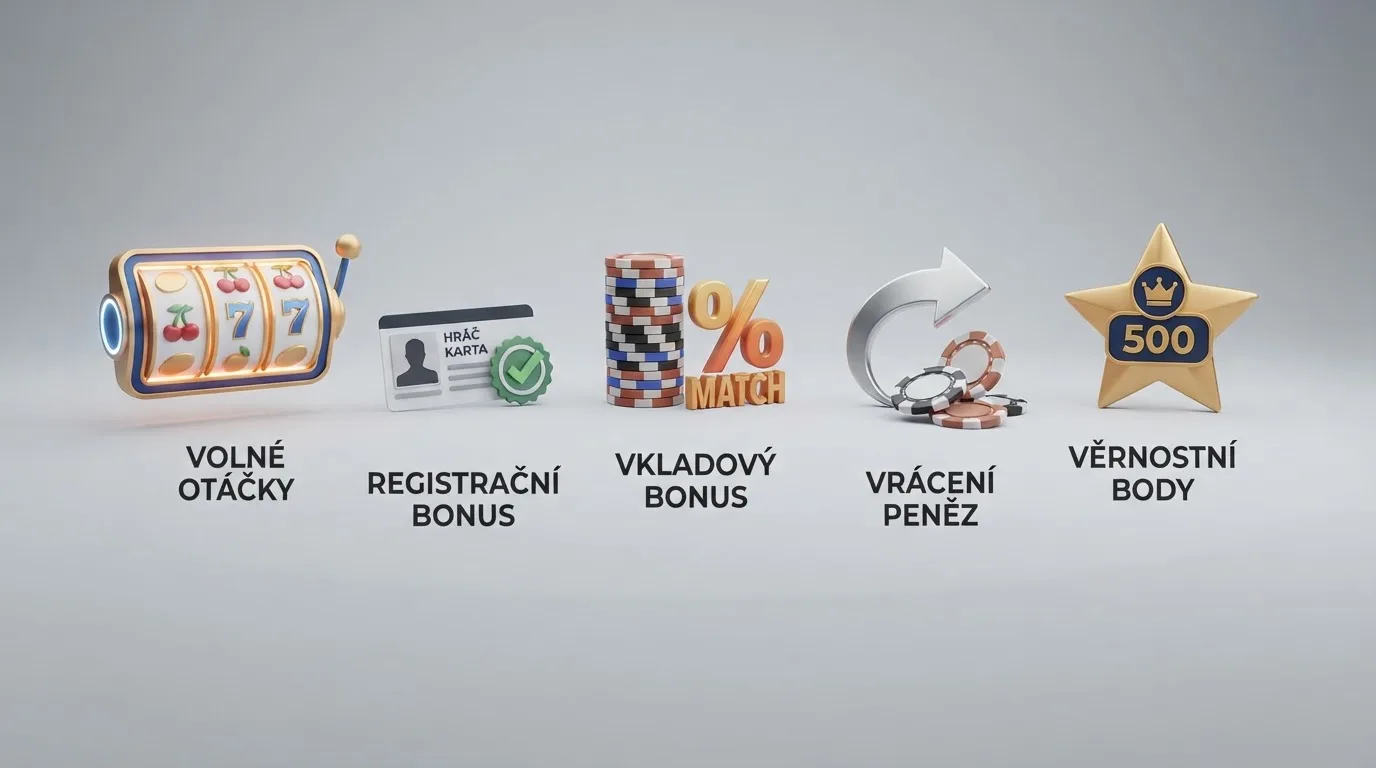 Ilustrace pěti typů casino bonusů — free spiny, registrační bonus, vkladový match, cashback a věrnostní body — každý s ikonou a krátkým popiskem