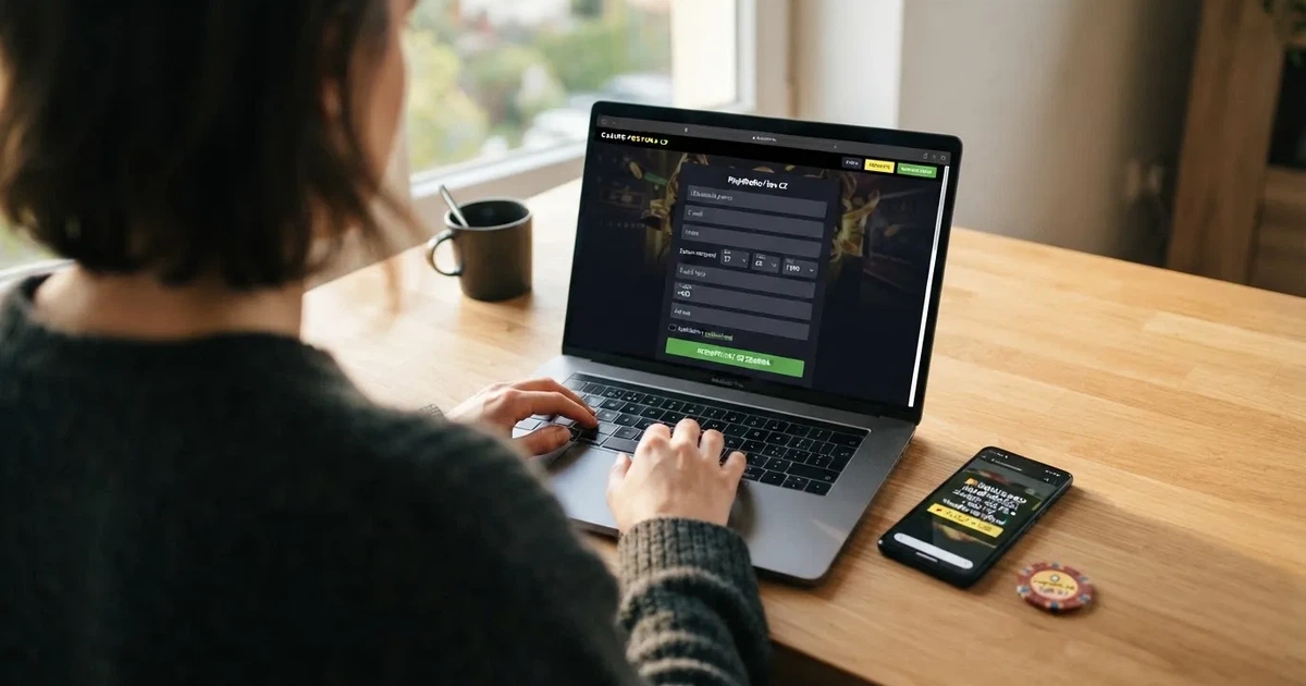 Registrační formulář online casina na obrazovce notebooku, vedle něj mobil s notifikací o bonusu, na stole občanský průkaz.